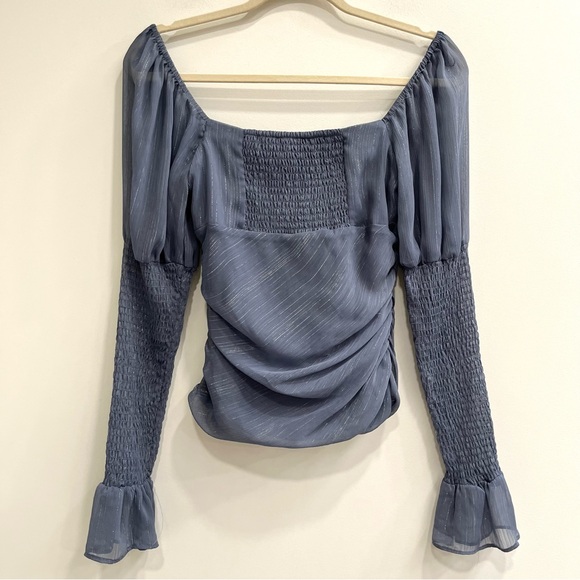 Wayf Chiffon Top Puffed Sleeve Metallic Fairy Whimsy Goth Smocked Milkmaid 6 - Picture 7 of 13